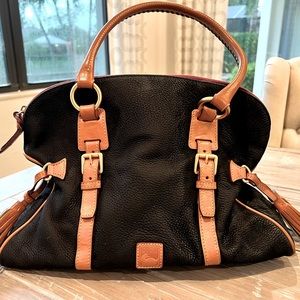 Dooney & Bourke Black Pebbled Suede and Tan Leather Handles